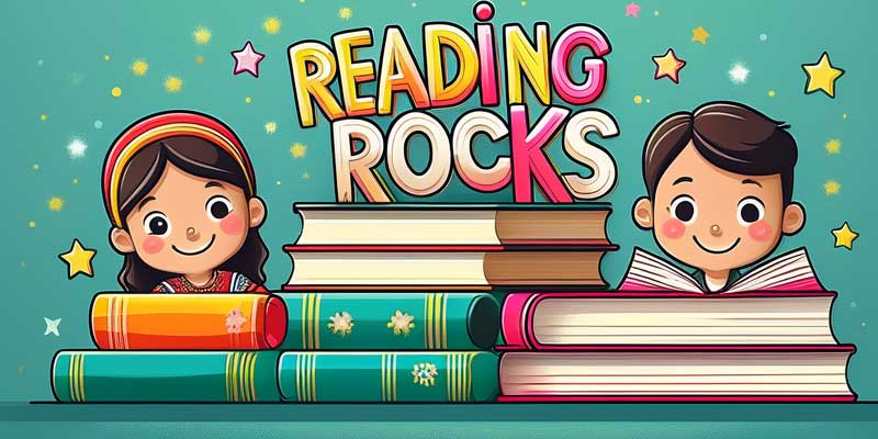 Stack of Books and cartoon faces of a boy and girl with text reading rocks