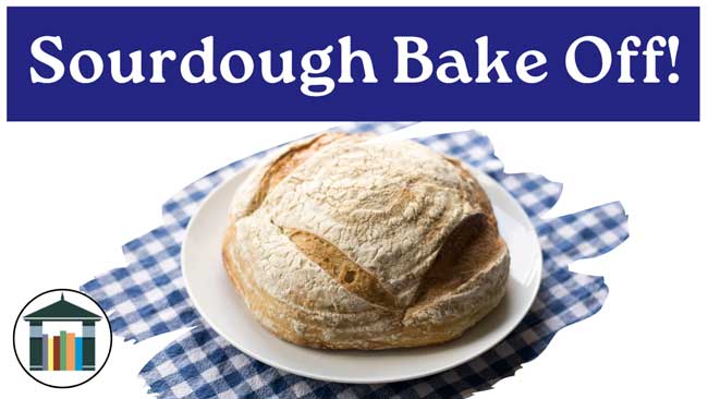 Sourdough-Bake-Off Sourdough Bake Off with Loaf of Artisan Bread on blue gingham.