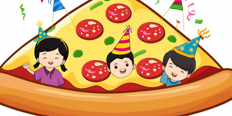 Summer Reading Program Pizza Party Cartoon Characters with Slice of Pizza