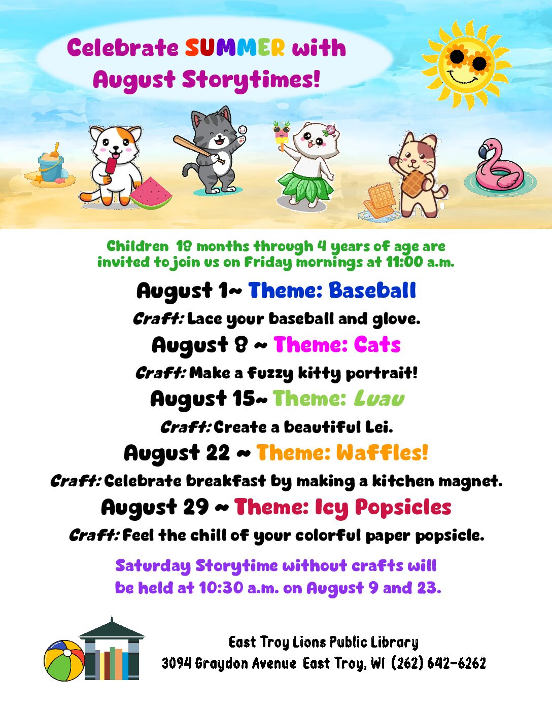 August Storytime Screen shot of the color our world flyer with rainbows and crayons