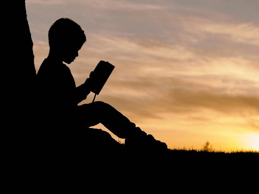 Silhouette of child leaning against a tree reading.