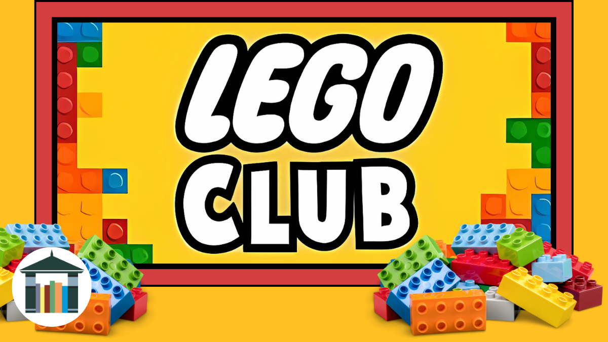 Lego Club Words Lego Club surrounded by a rectangular lego border and a pile of legos in lower corners of image.