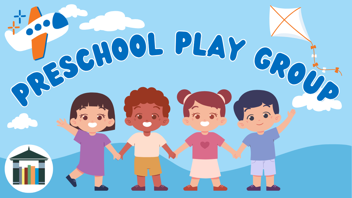 Preschool Play Group Four children holding hands and waving on a background of blue sky and clouds with an airplane in upper left corner.