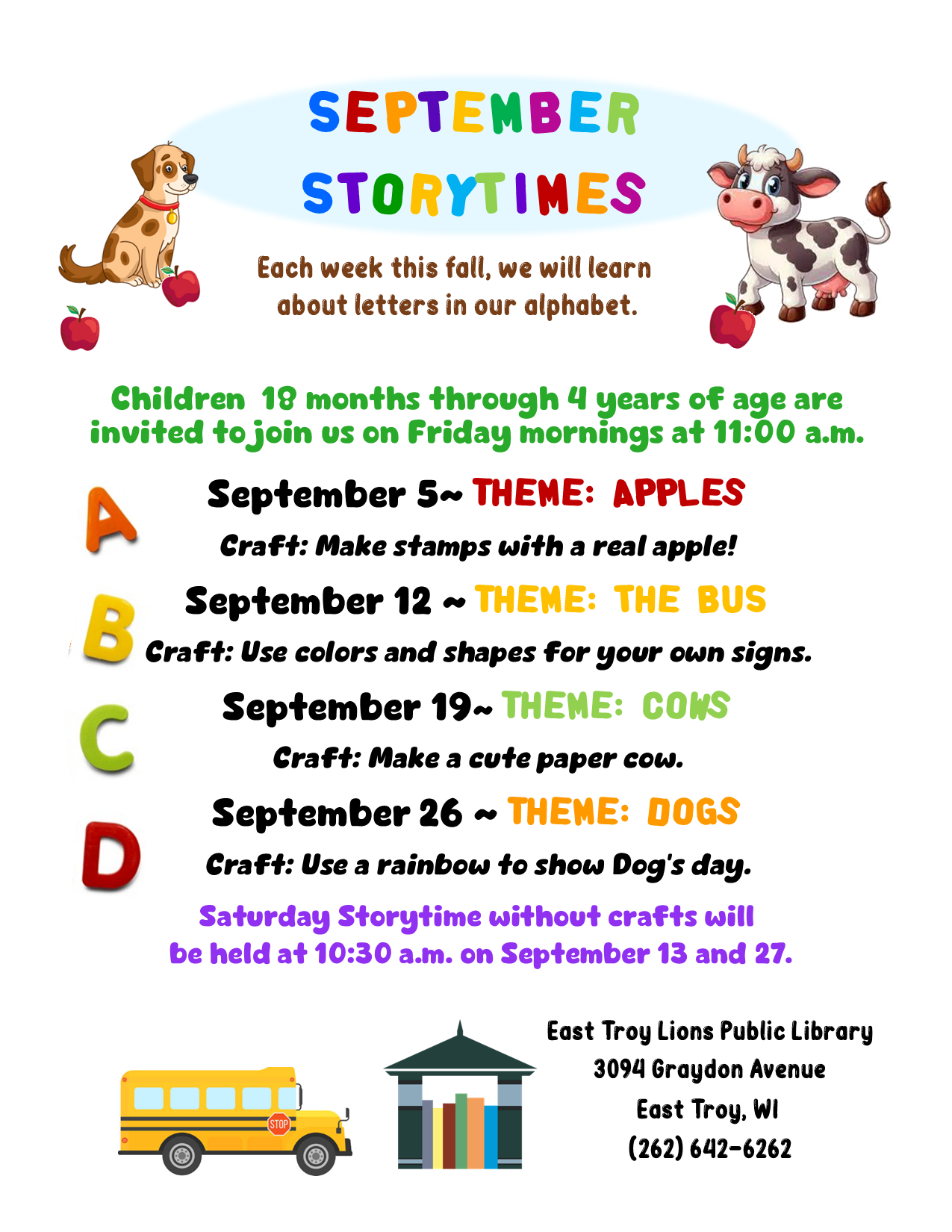 Brown spotted dog in upper left hand corner, Holstein cow in upper right hand corner, and yellow school bus on the bottom of picture.  Apples scattered on top of page.