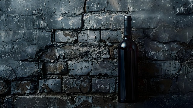Dark, label-free wine bottle against a crumbling, grey brick wall.