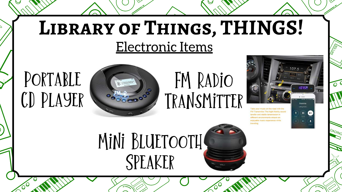 Electonrics Graphic Pictures of Portable CD player, FM Radio Transmitter, and Mini Bluetooth speaker.
