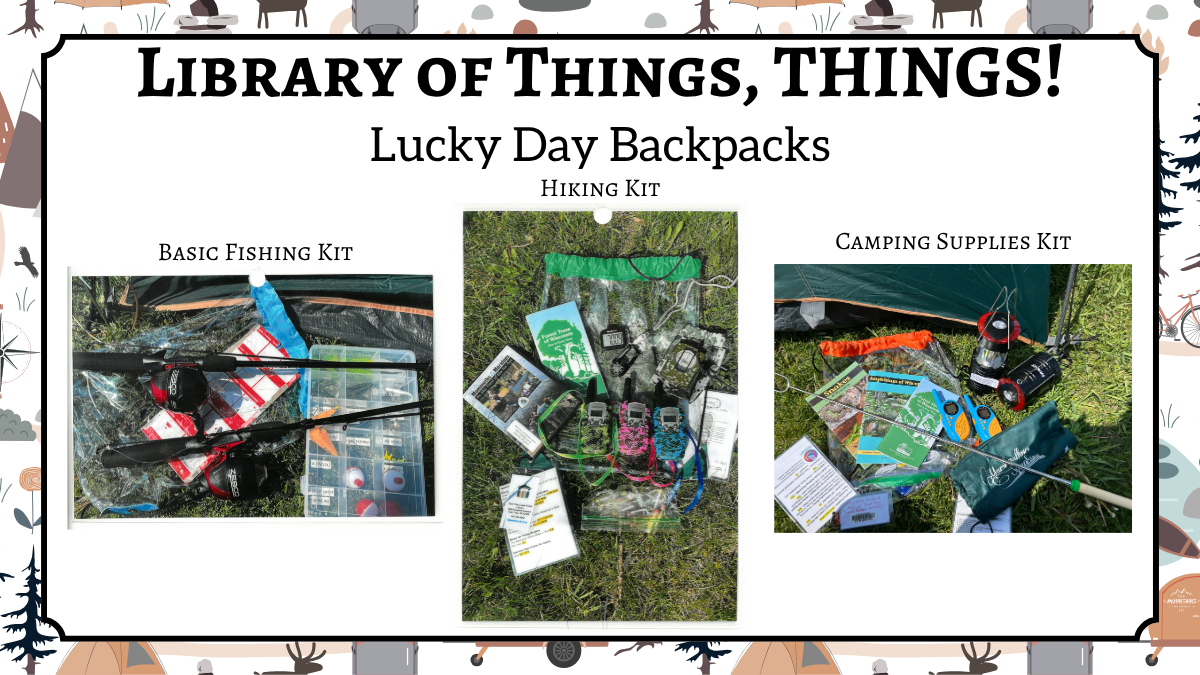 Lucky Day Backpacks-Camping Graphic Three backpacks containing fishing supplies, hiking supplies, and camping supplies.