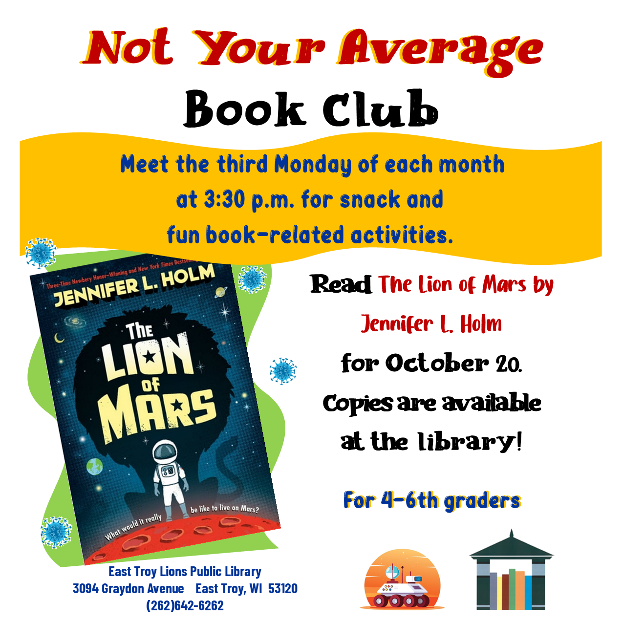 NYA Book Club October social Picture of the cover of "The Lion of Mars" with accompanying information about the event.