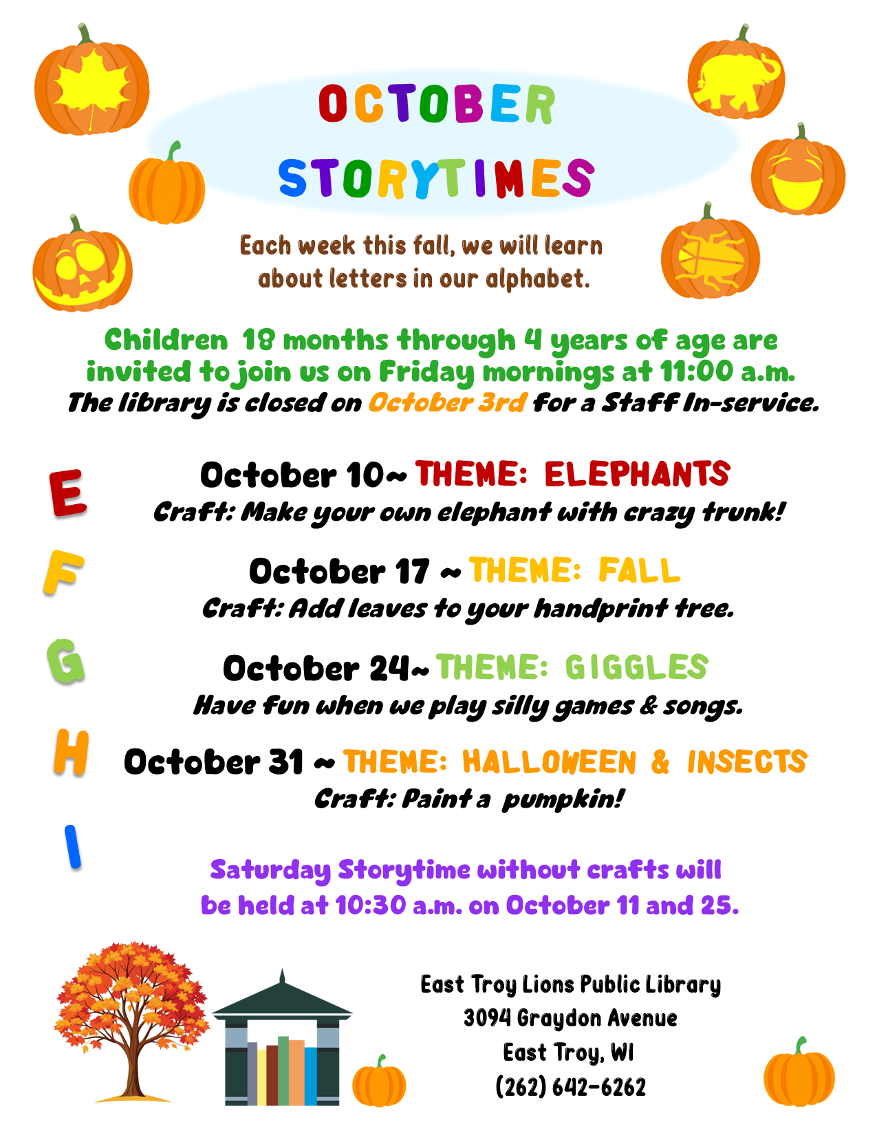 Jack-o-lanterns at top of page and letters of the alphabet to the left of storytime dates.