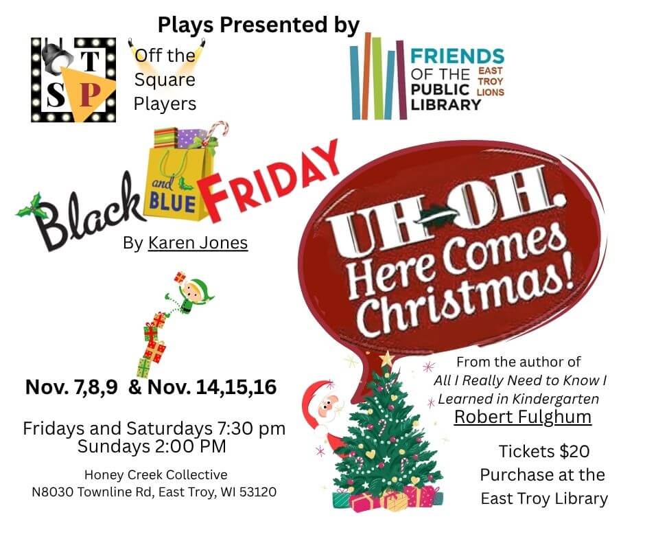 Black and Blue Friday 2025 (Facebook Post) Comedy and Tragedy masks on left side with Friends of the Library blue, purple, and green logo on right. Below on left, Shopping bag with Black and Blue Friday. On the right a Christmas tree for Uh-Oh. Here Comes Christmas!