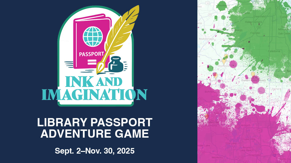 Ink-and-Imagination-Graphic Ink & Imagination program logo with pick and blue passport, gold feather pen with ink against a white background surrounded in dark blue.