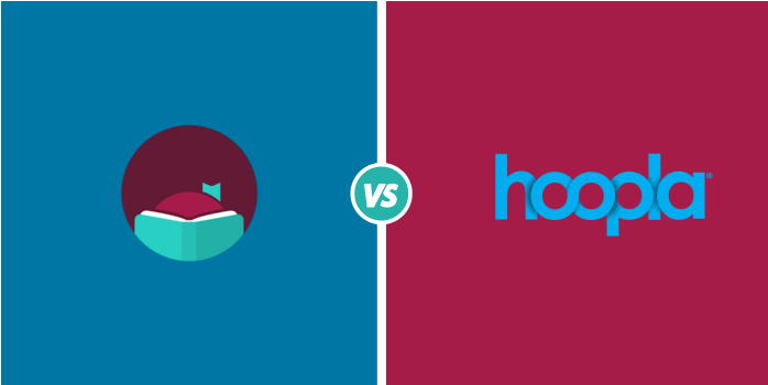 libby v hoopla Burgundy Libby logo against blue background vs hoopla logo against burgundy background