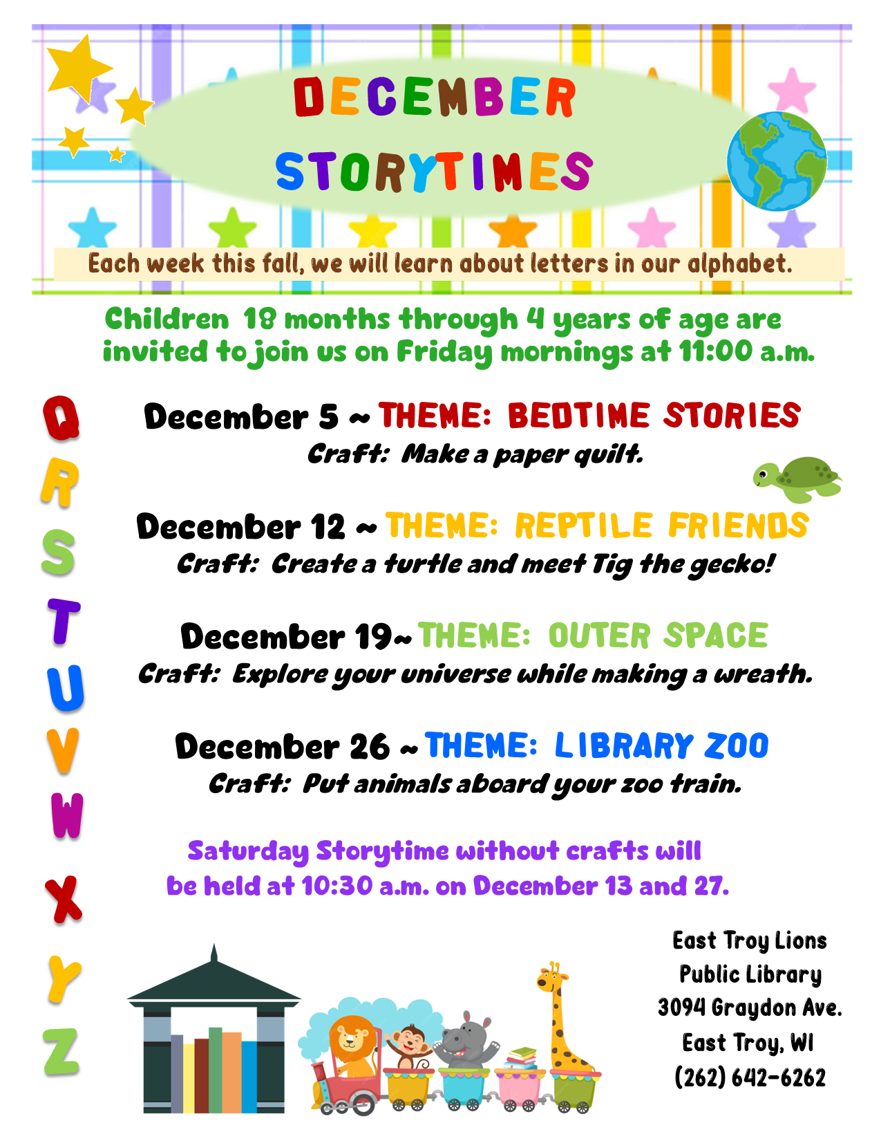 Light Blue and gold stars at top of page.  Differently colored letters on left side of page.  Zoo animals on a train at bottom of page.  