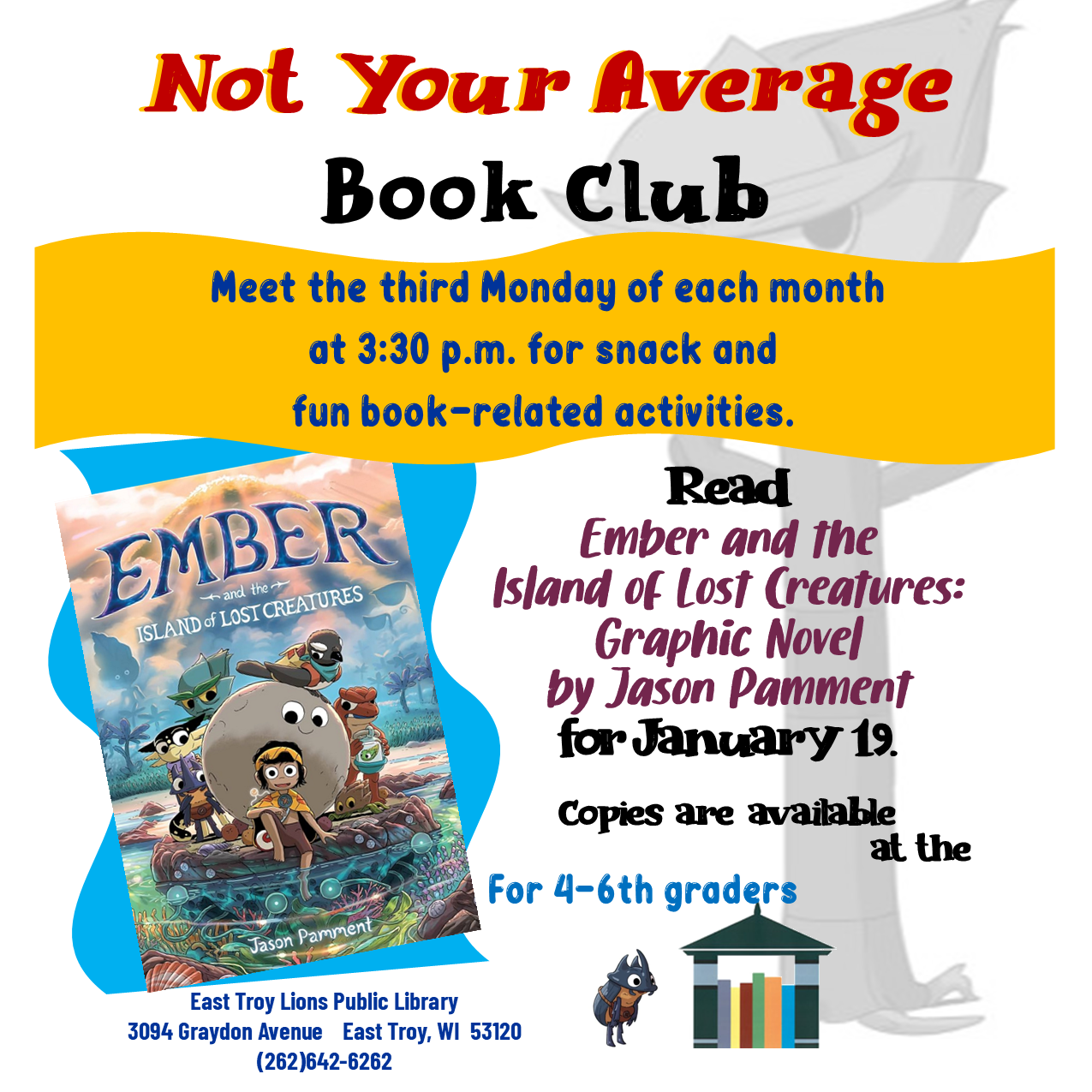 Yellow banner with information about book club and book cover of "Saving Zasha" on left side - German shepherd behind wire fence.