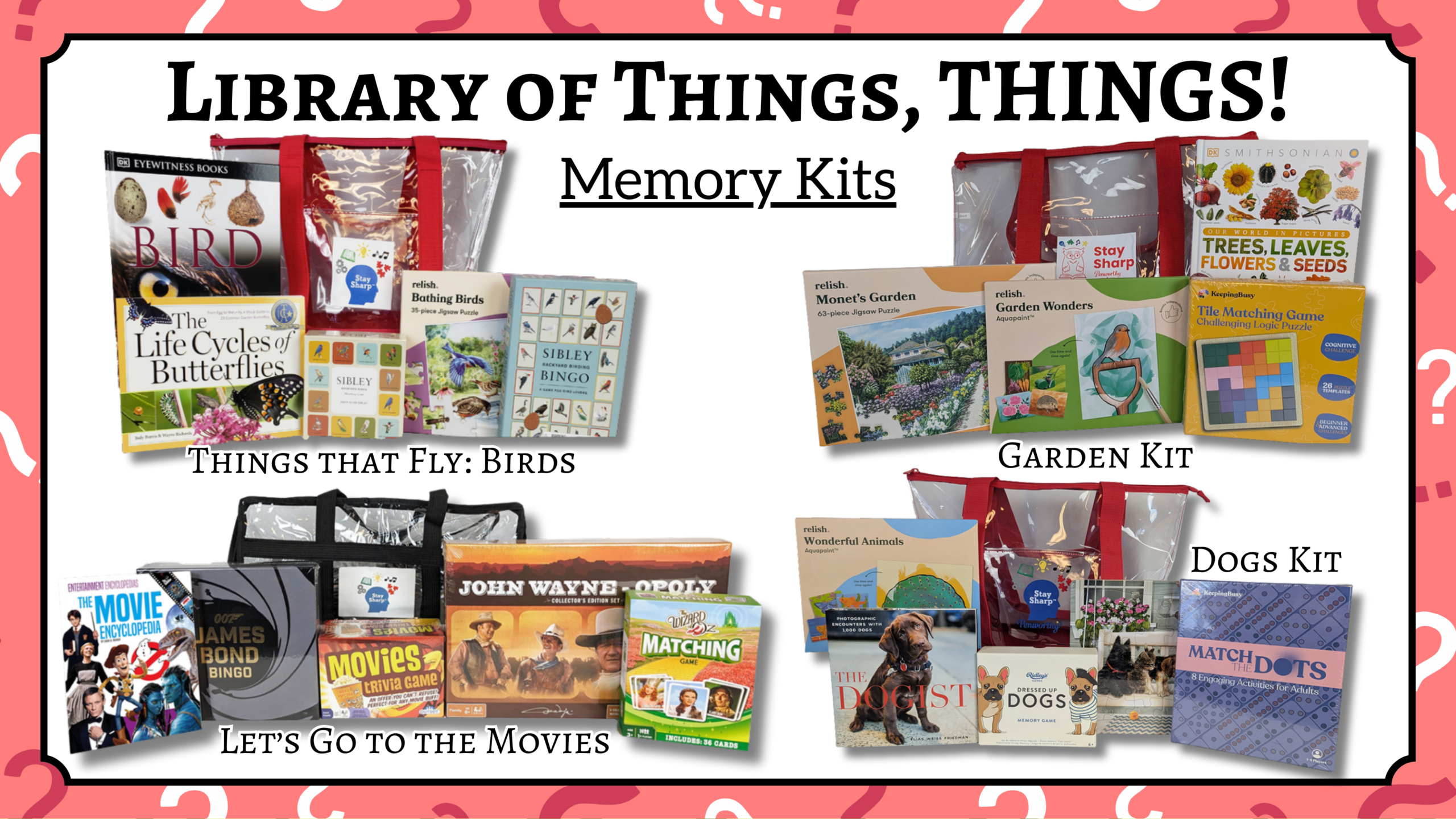 Four Memory Kits containing books, puzzles, games, and art projects.