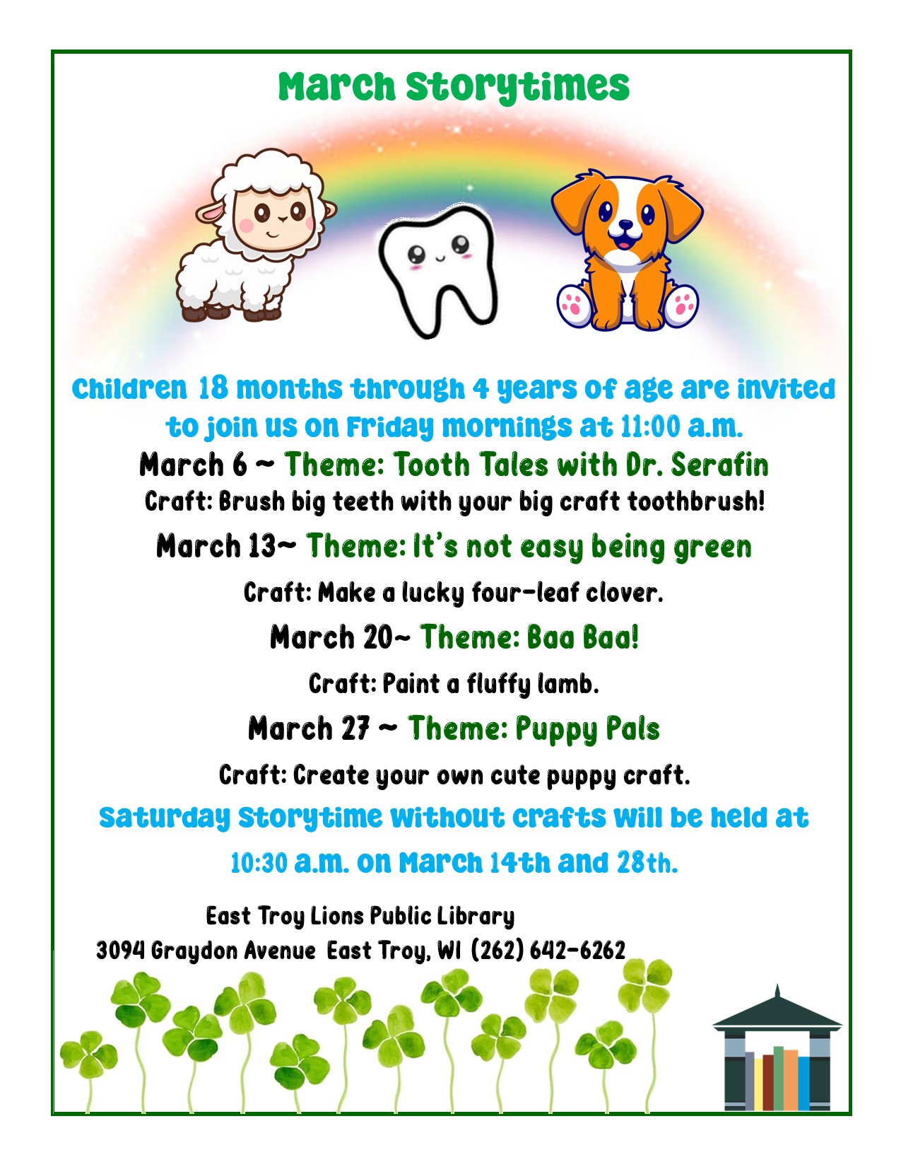 A lamb, a tooth, and a dog on top of a rainbow at top of page.  Multiple clovers at bottom of page.