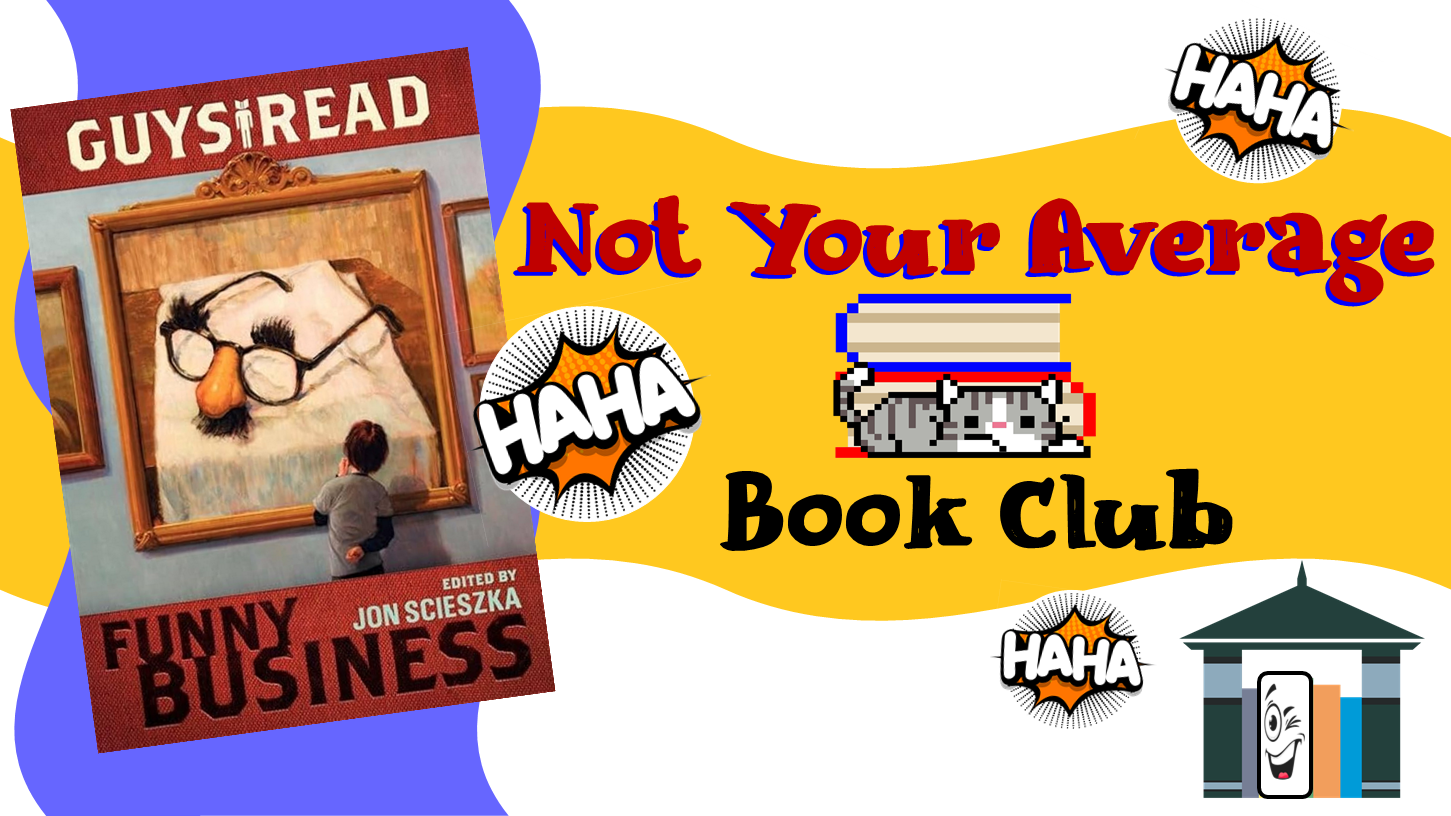 Brown book at left of screen featuring paintings on a wall. Central painting features funny disguise glasses. Book club loga at right on yellow background.