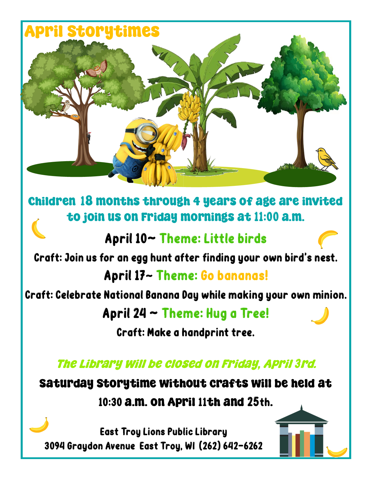 Three trees, banana tree in the middle, with minion carrrying banans in the middle of image.