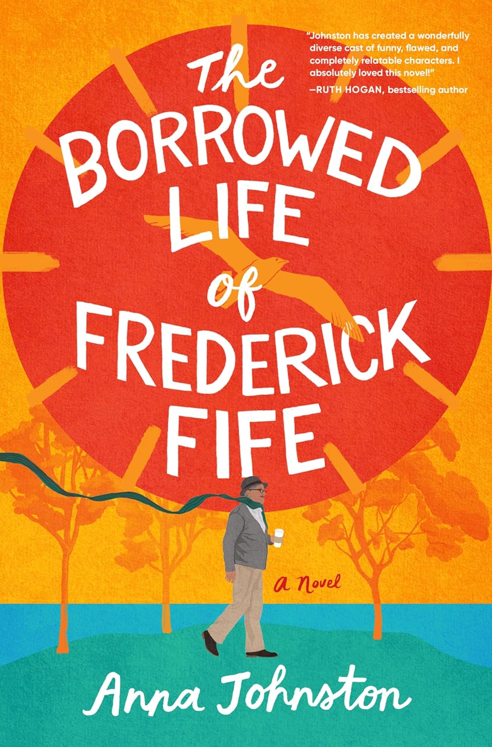 Book cover with orange background, a large orange sun at top of cover, and a man walking across green grass with trees in the background.