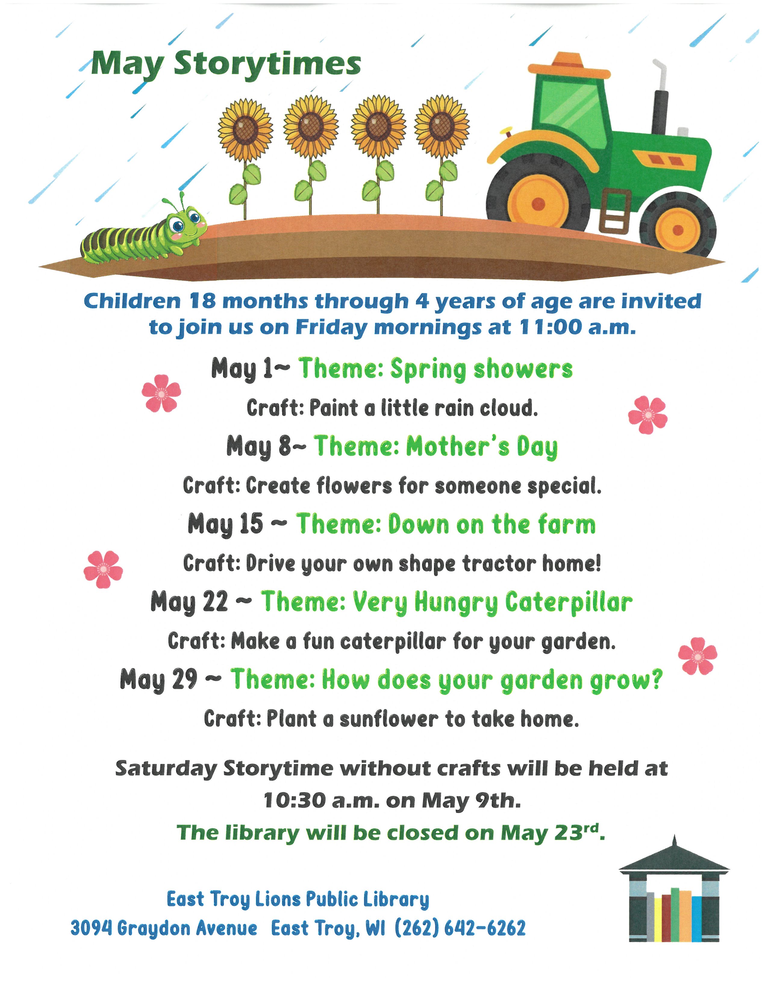 At top of image, caterpillar at left, sunflowers in middle, and green tractor at right.