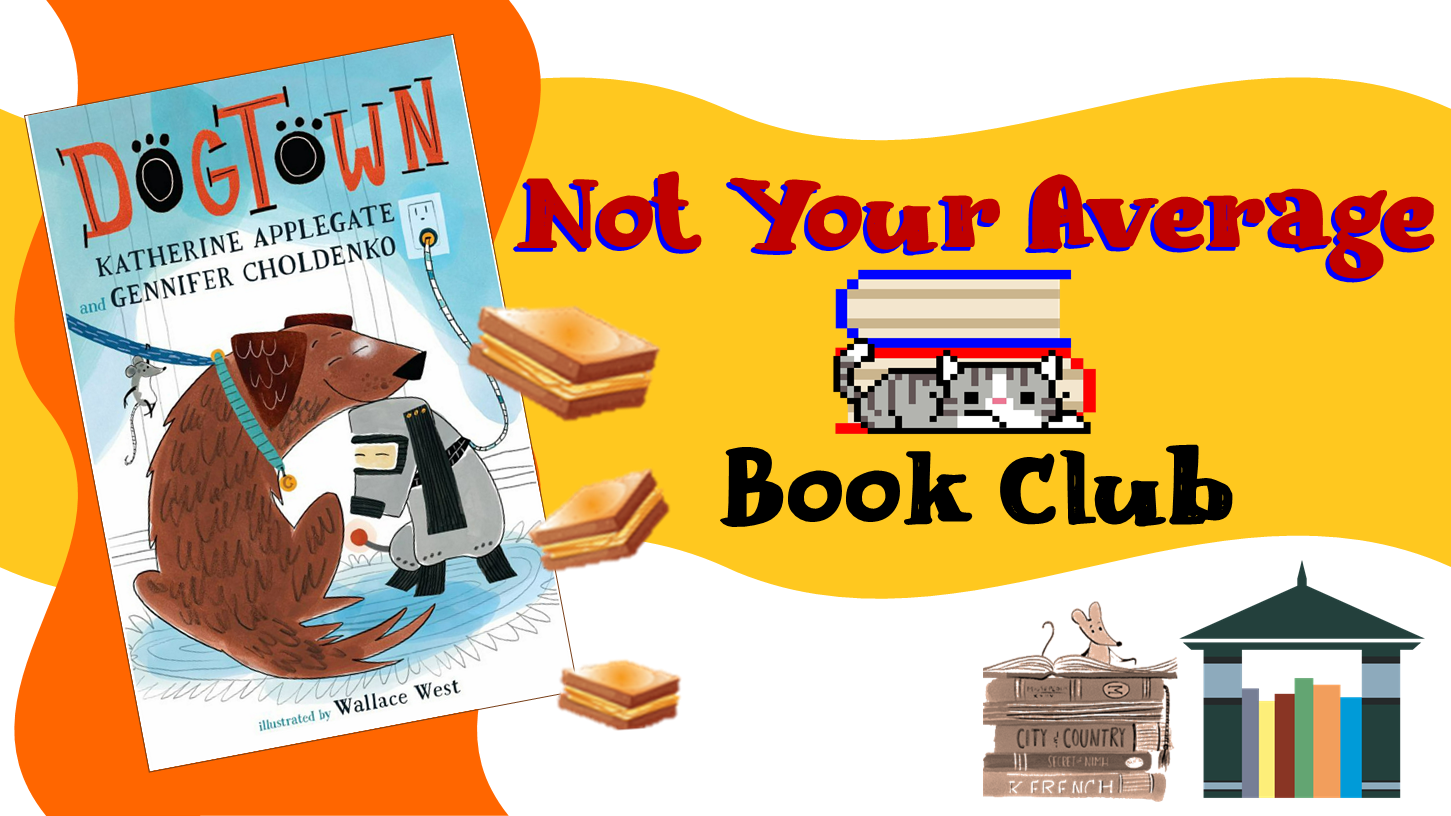 Book, "Dogtown" at left.  Cover includes brown dog on leash next to robot dog plugged into socket.