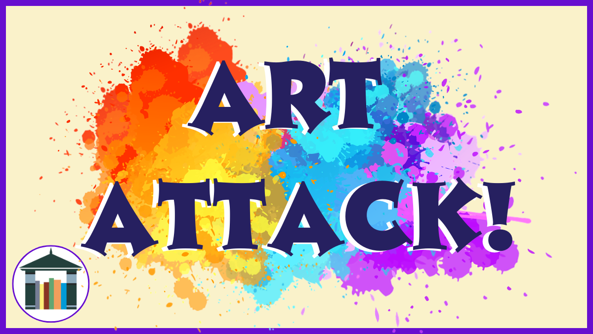 Multi-colored paint splotches with Art Attack! on top.