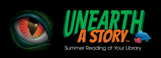 Dinosaur eye against a black background and logo, "Unearth a Story"