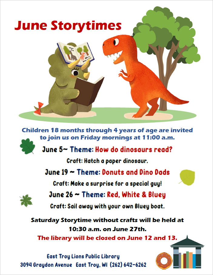 Green triceratops reading to red R-Rex near a tree at top of page.  Storytime dates themes below.