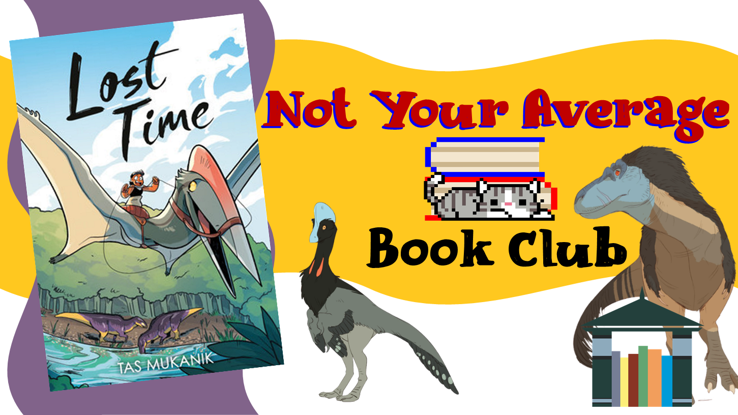 Graphic of book at left with man riding a pterodactyl, a duck-billed dino in cernter of image, and a T-Rex at right.