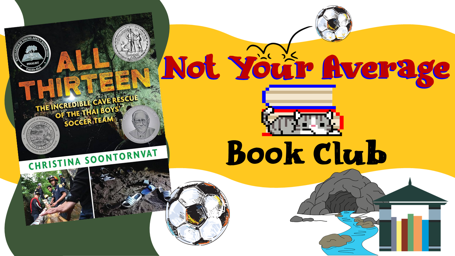 Picture of "All Thirteen" book cover at left.  Book club logo on bright yellow on right.