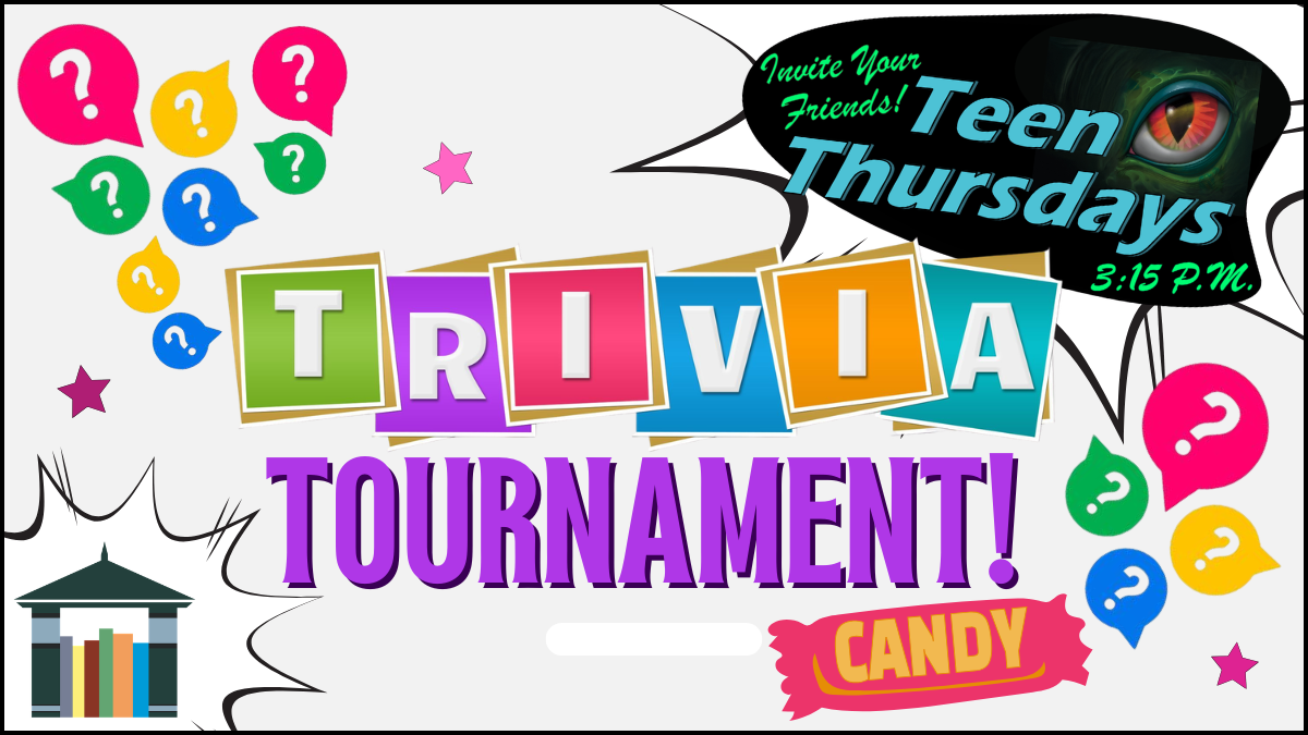 Multi-colored balloon with questions marks on outside of image.  "Trivia Tournament" in multiple colors in center of image.
