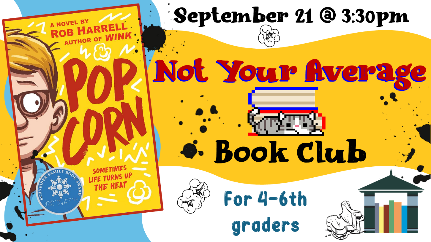 Image of book "Popcorn" at left. Book is yellow with blond boy with glasses on cover.
