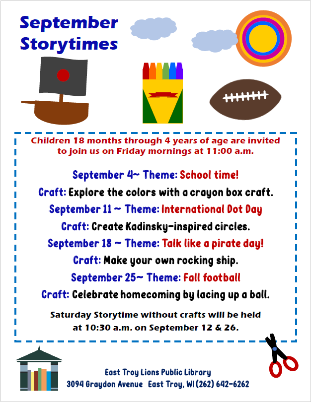 A sailboat, a box of crayon, and a football on top of image.  Storytime dates and activities below the image.