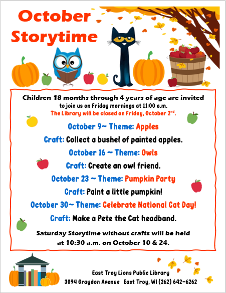 Top of page features pumpkins, an owl, a black cat, a basket of apples and a tree with fall colors.  Storytime details listed below