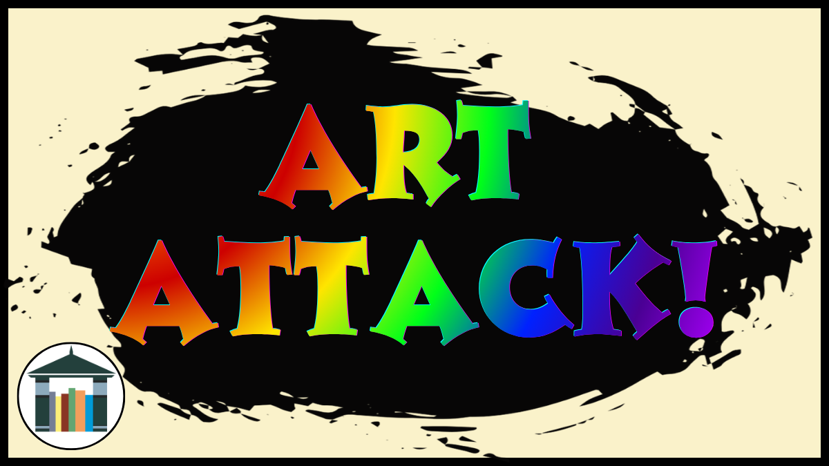 Black paint splotch with Art Attack written in multiple colors on top.