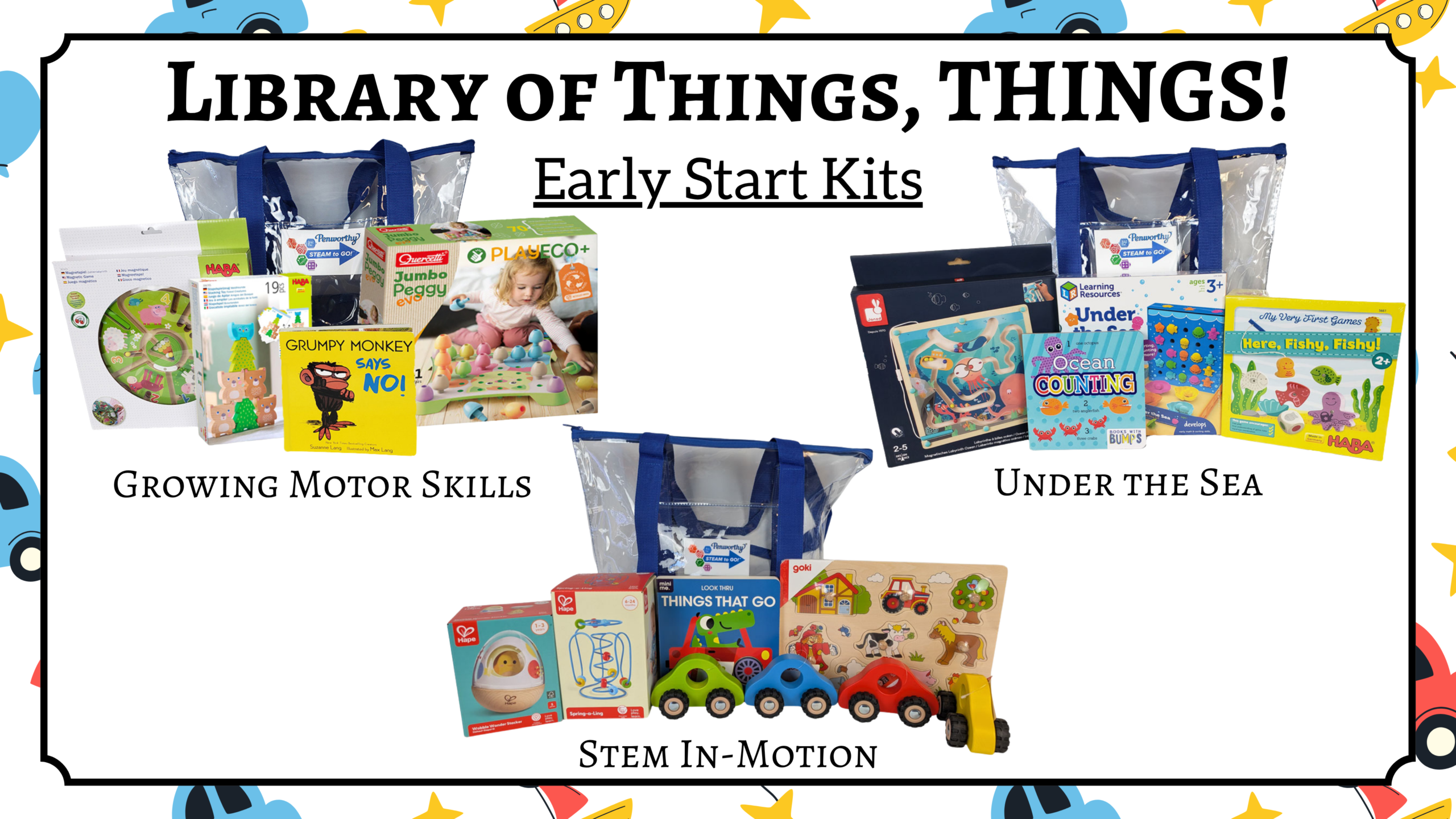 Early Motor Skills, Under the Seas, and Stem In-Motion kits pictured.