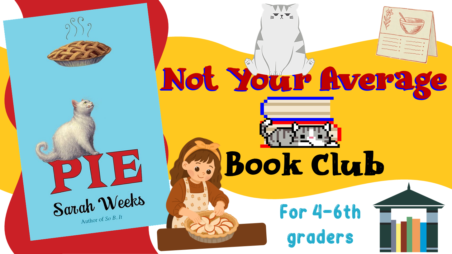 Light blue book ("Pie") at left with white cat and a pie on the cover.