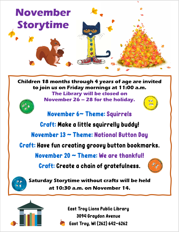 A squirrel, Pete the Cat, and a pile of leaves on top of page with dates and themes below.